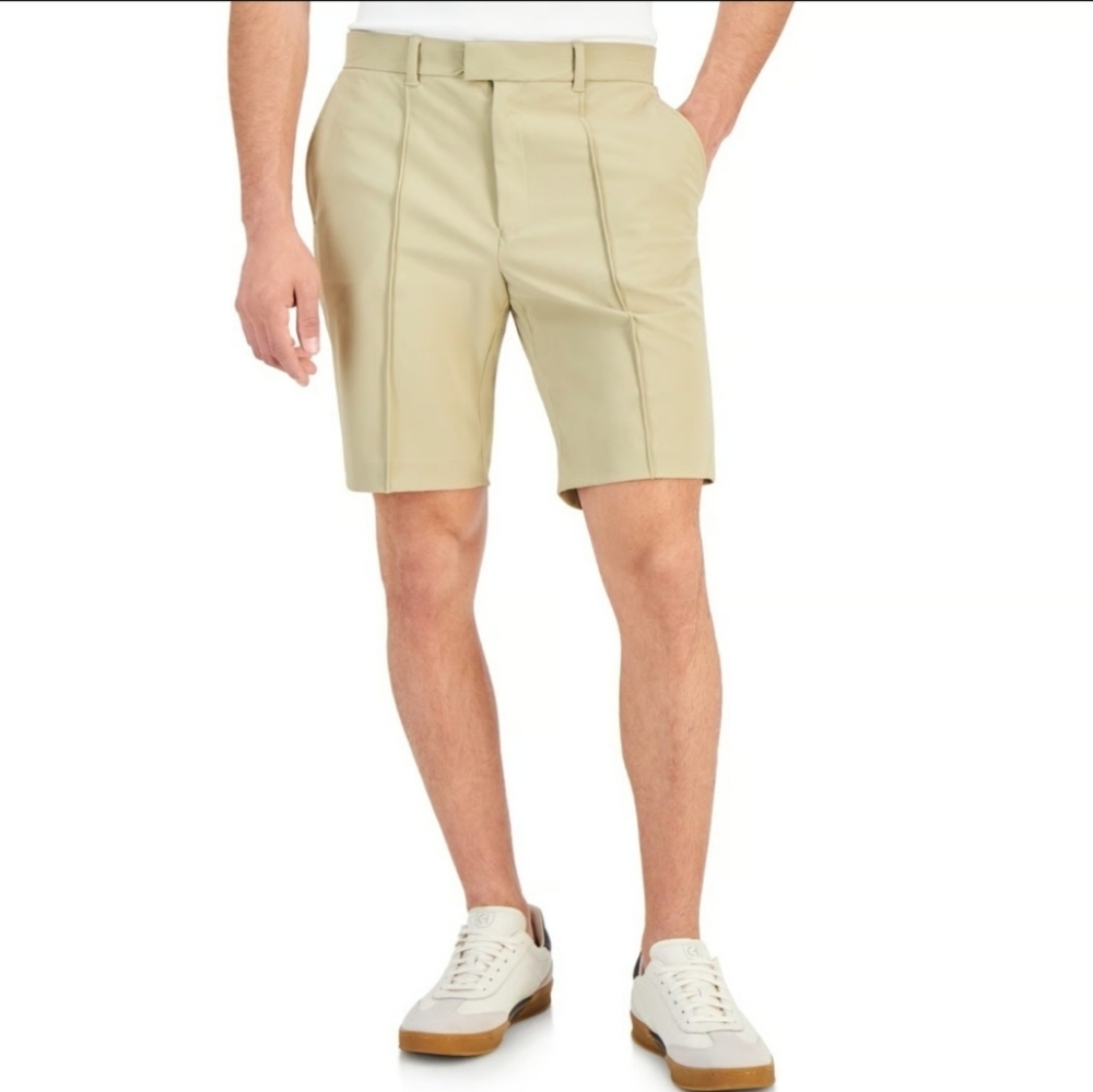 Alfani Men's Alfatech Regular Fit Pintucked Suit Shorts Beige Size 34